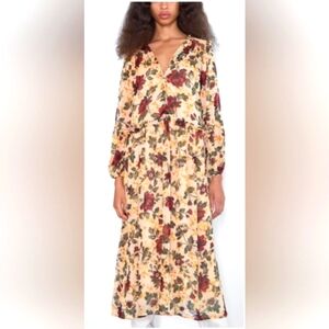 Zara beige dress w/ red floral print Maxi Medium Fairy Boho Festival Whimsigoth